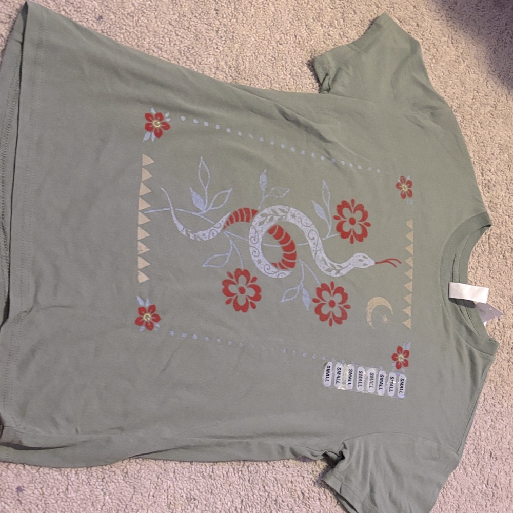 Green T-Shirt with Snake and Floral Design